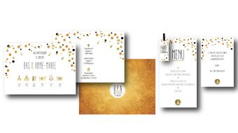 Trouwkaart confetti goud, zilver