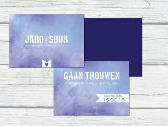 Simpele watercolor trouwkaart blauw lavendel