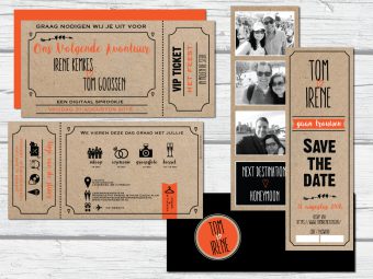 trouwtickets met knipstrook en fotostrip op kraft